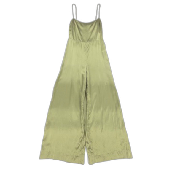 REFORMATION Sage Silk Jumpsuit Smocked Wide Leg Artichoke Green Clean Girl